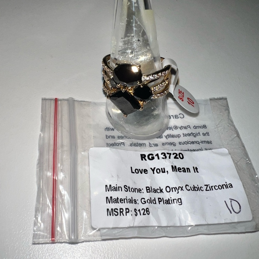 Love You Mean It Ring Bomb Party Black Onyx CZ gold Plating Size 10